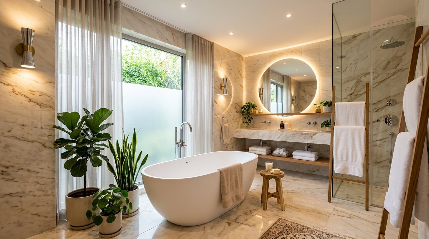 Modernes Badezimmer mit warmer Beleuchtung